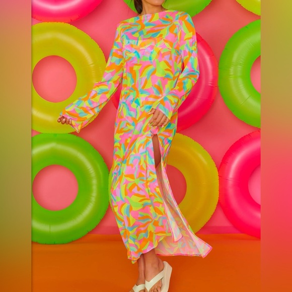 Show Me Your Mumu Santos Tropical Neon Leaf Print Maxi Cover-Up Dress Size Small - Picture 5 of 7